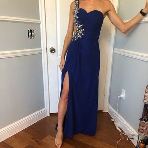 Backless Blue Prom Dress w/ Gems and Leg Slit